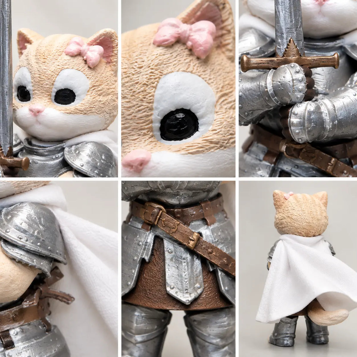 Close-up details of the Knight Kitten figurine: face, bow, sword hilt, armor, belt and cape